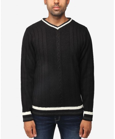 Men's Cable Knit Tipped V-Neck Sweater Black $27.56 Sweaters