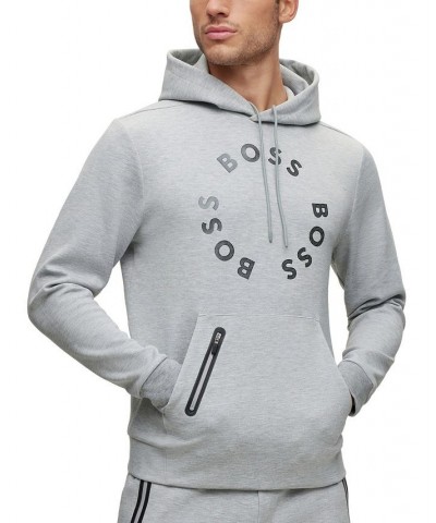 BOSS Men's Cotton-Blend Hoodie with Circular Mesh-Effect Branding Gray $83.20 Sweatshirt